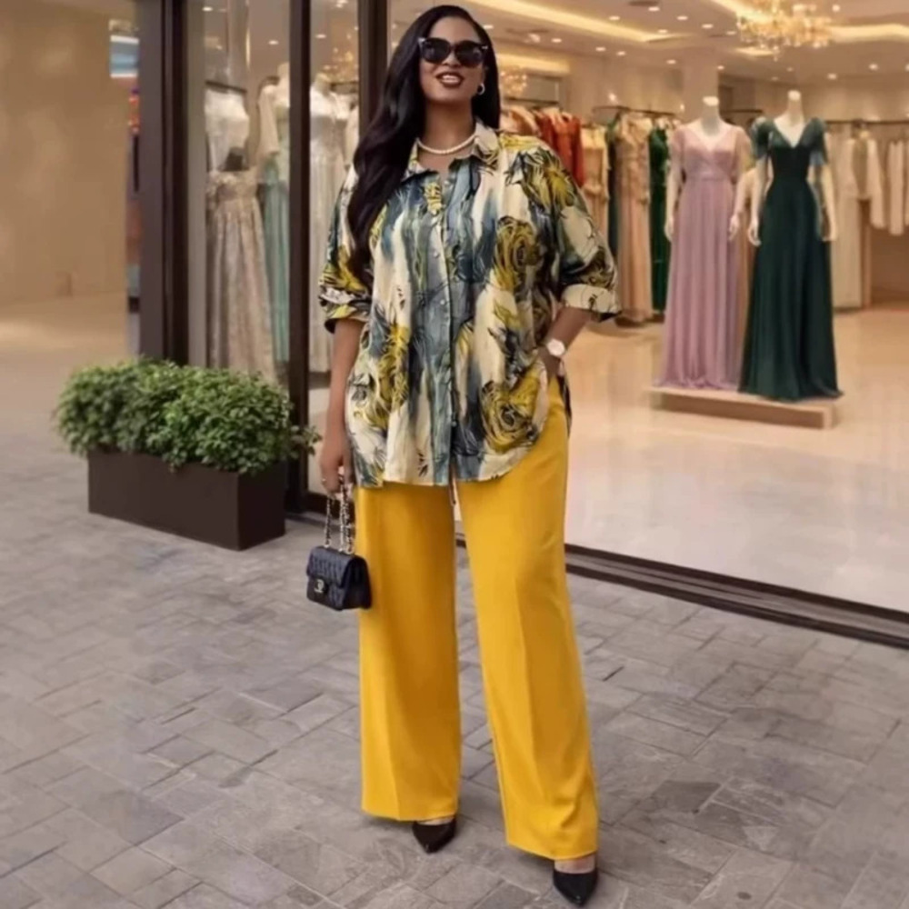ZARA Women African Print Collar Top Pants Set Plus Size